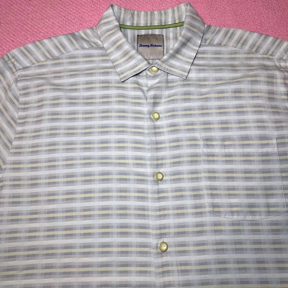 Tommy Bahama Mens XL Silk Cotton Plaid Short Sleeve Button Down Camp Shirt Grey